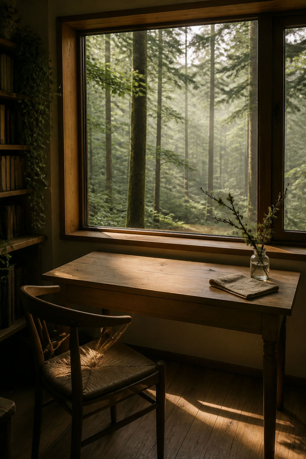 Misty forest window with moss, linen, and a narrow path of morning light