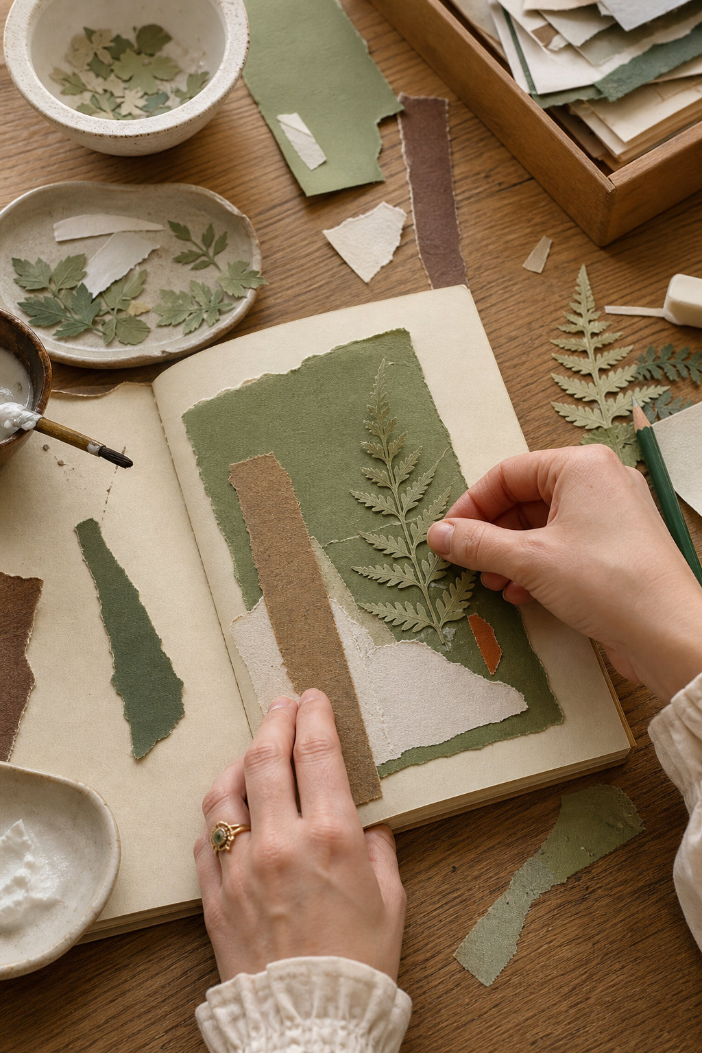 Hands layering cream paper, fern shapes, moss green scraps, and one rust accent