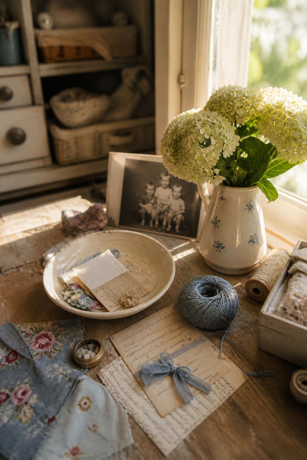 Sunny personal craft room with a family photograph, ordinary paper keepsakes, blue thread and hydrangea