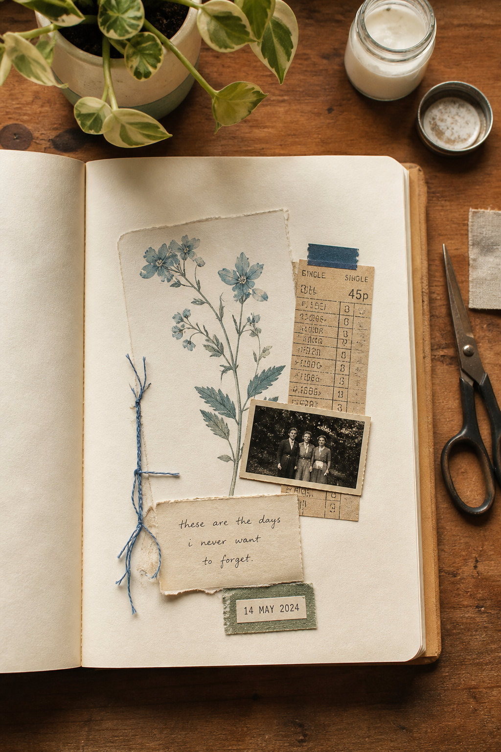 Personal junk journal page combining a blue botanical picture, ticket, photograph, date and handwritten line