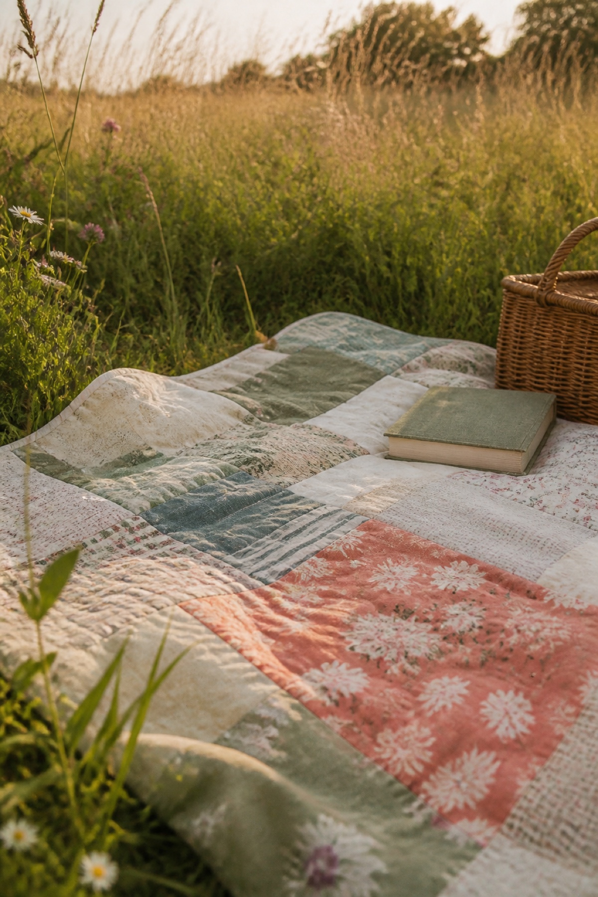 Atmospheric patchwork scene with calm gaps between teal coral and cream patterns