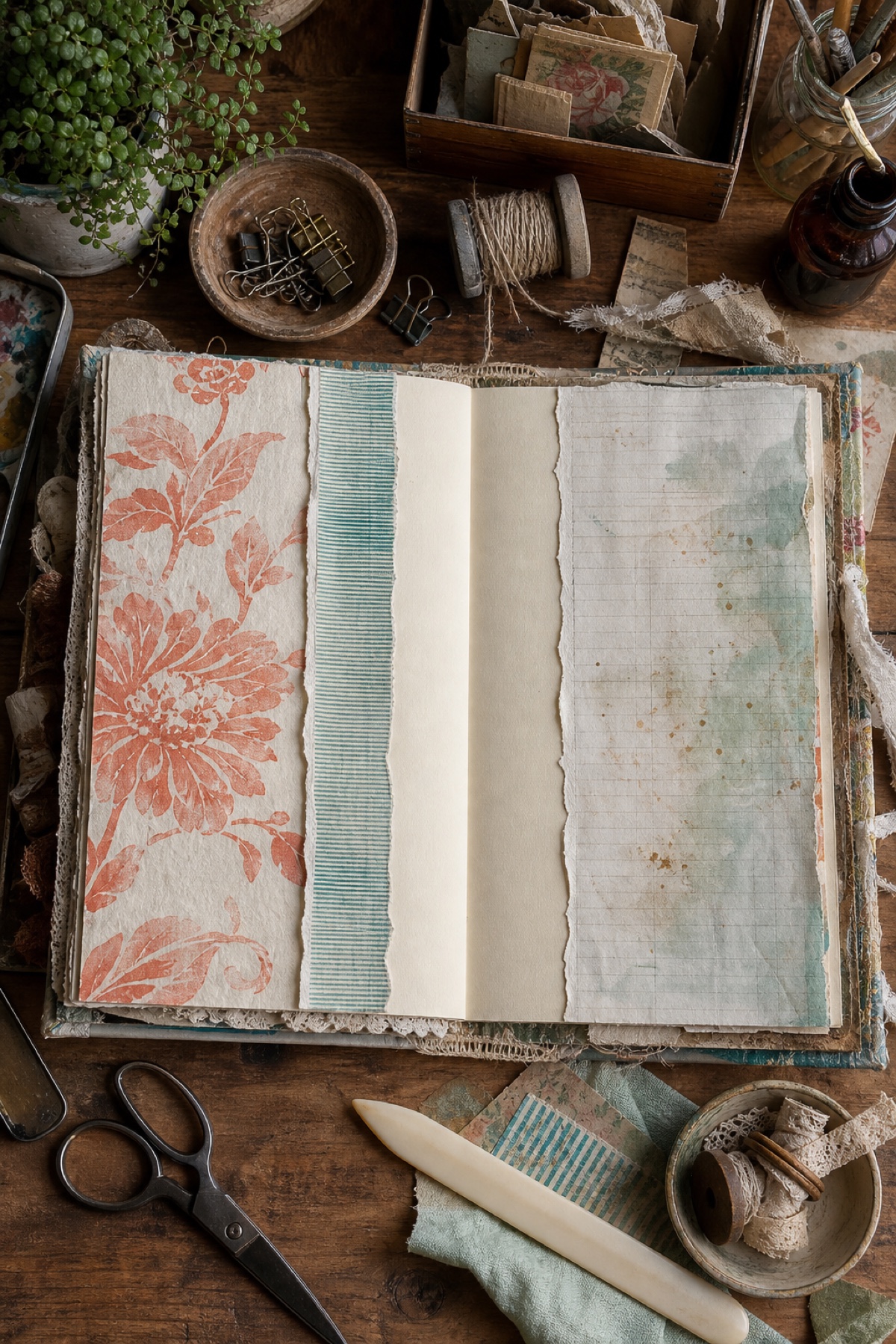 Overhead junk journal process showing one large motif one smaller repeat and one pale texture