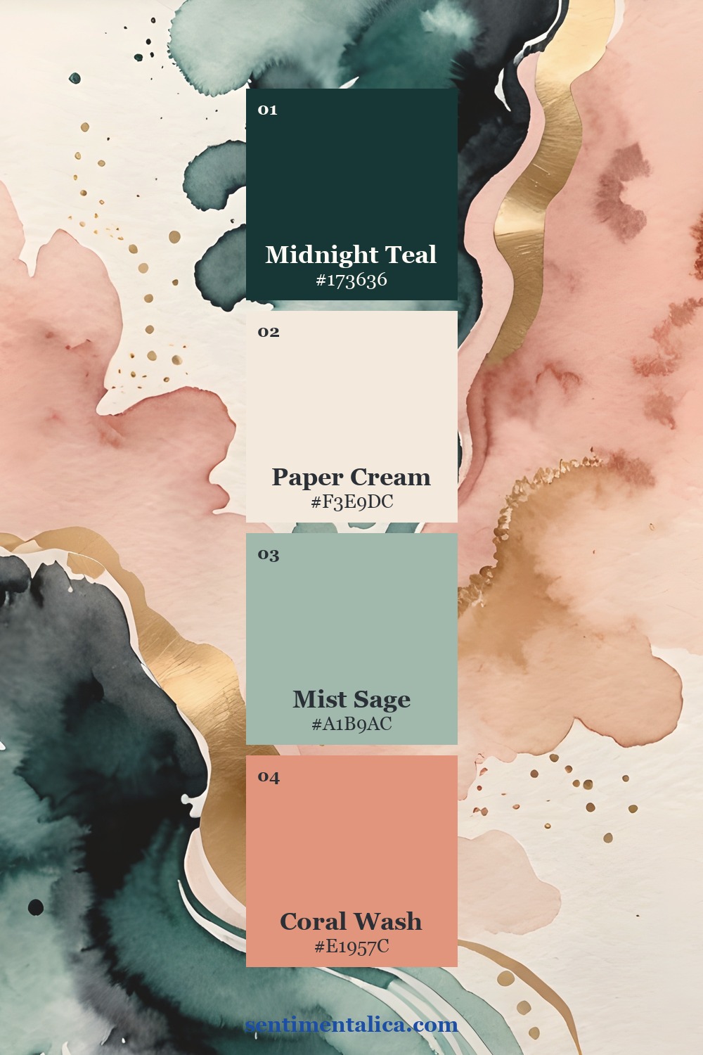 Abstract wash palette in midnight teal paper cream mist sage and coral