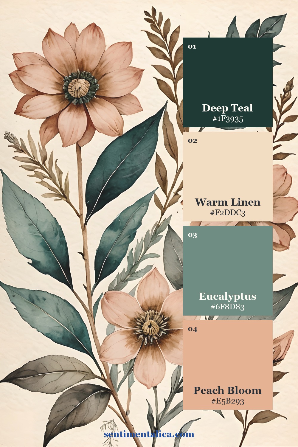 Botanical palette in deep teal warm linen eucalyptus and peach