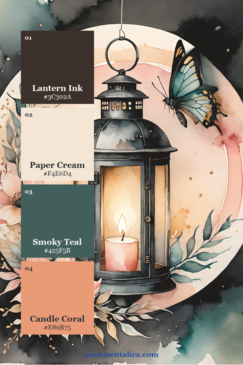 Lantern palette in brown paper cream smoky teal and candle coral