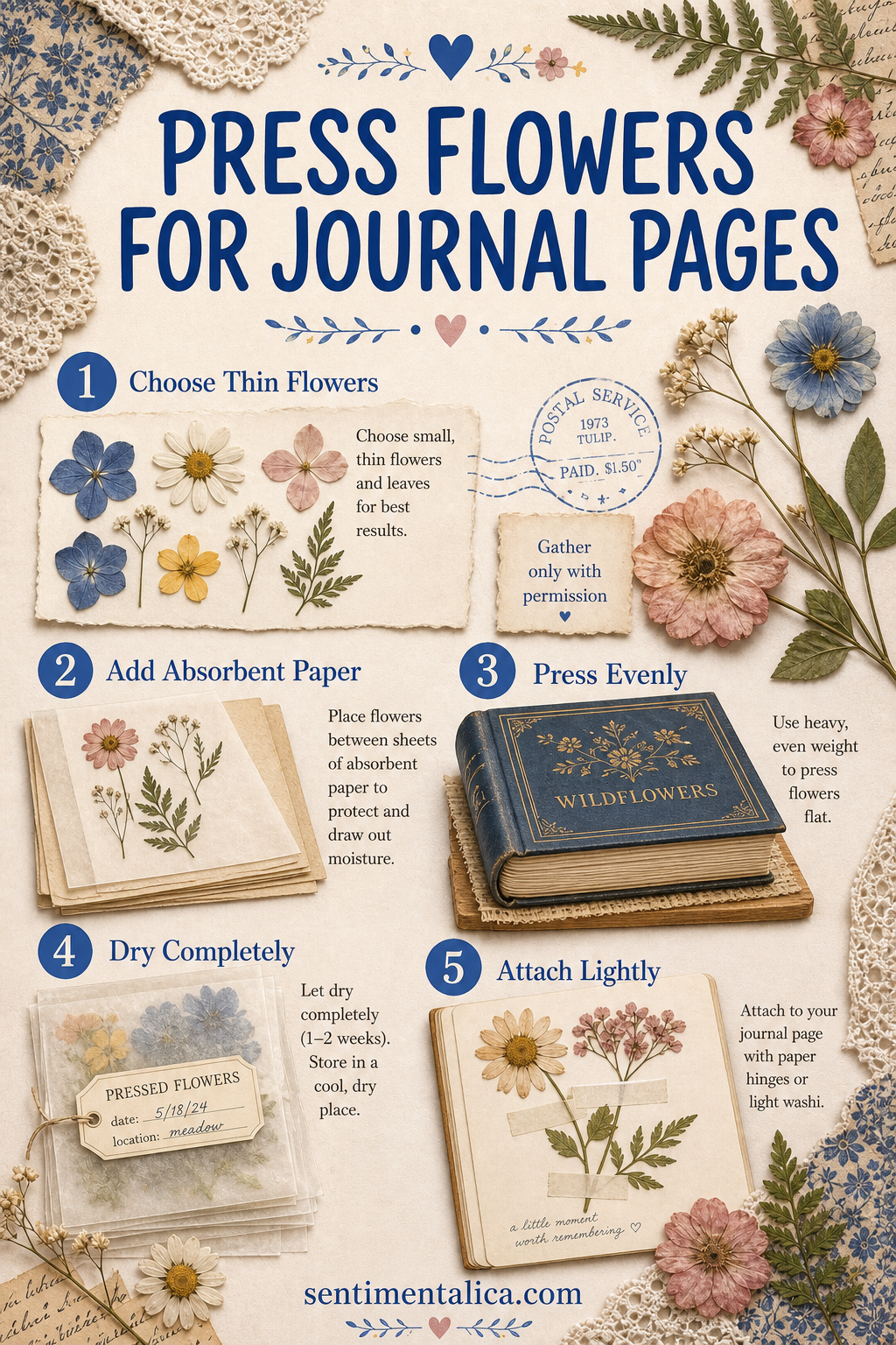 Five-step guide to pressing flowers for junk journal pages