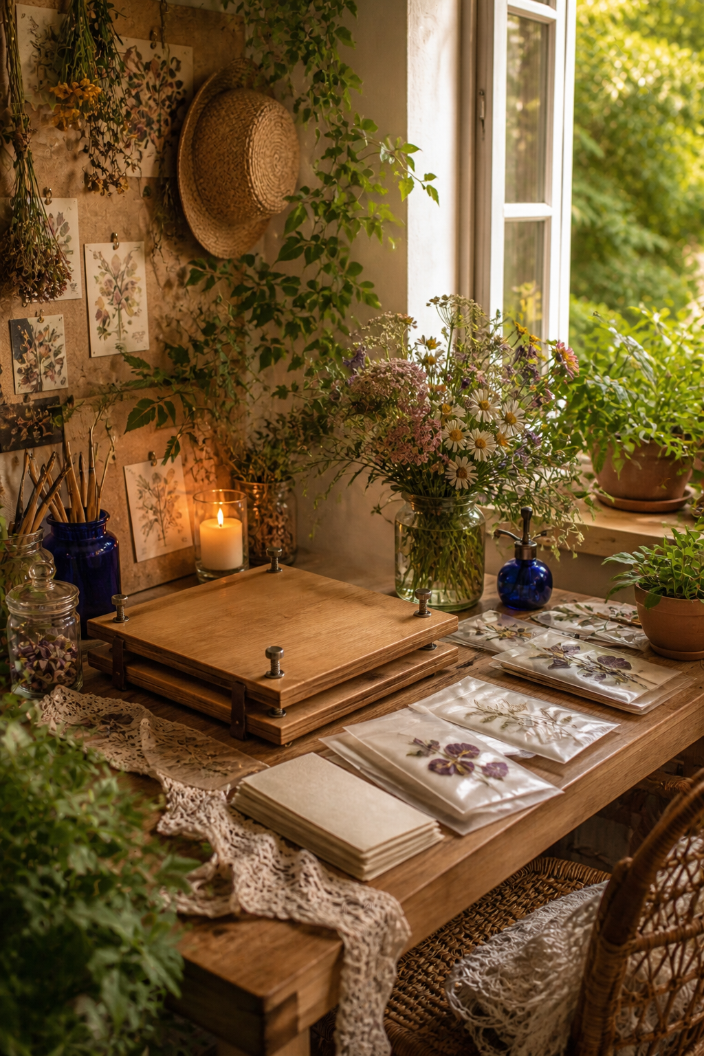 Quiet botanical workroom with a flower press and drying specimens