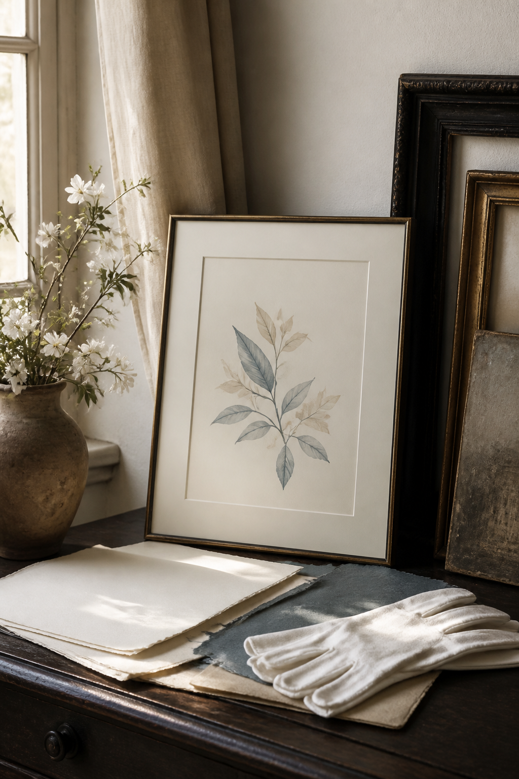 Serene home print corner with matte frame and paper samples