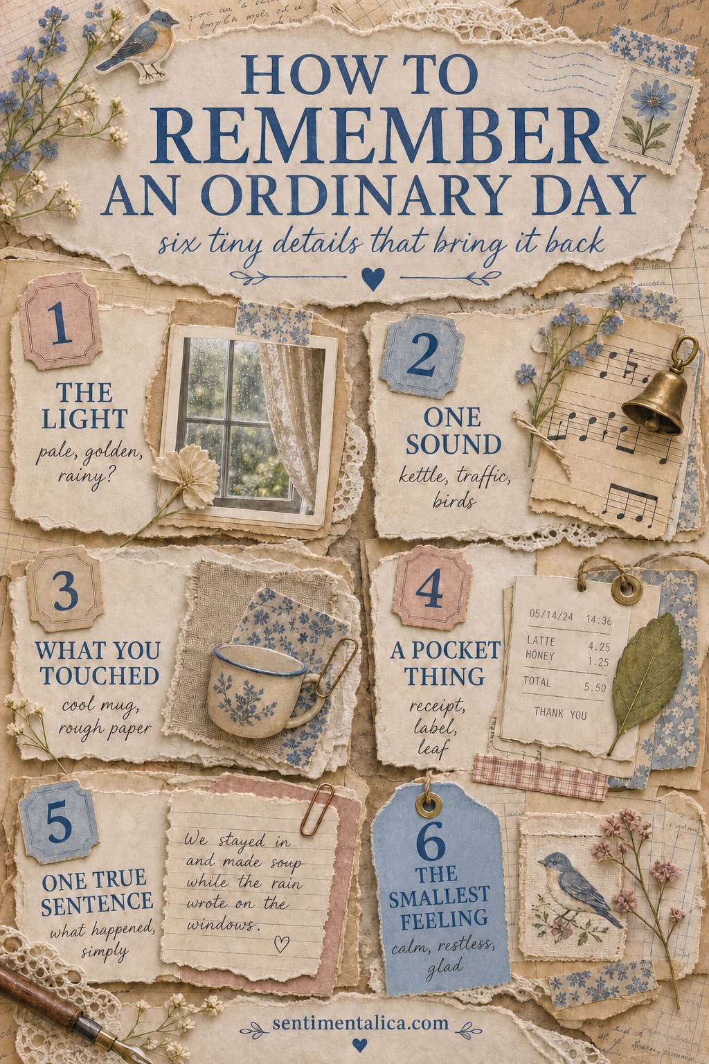 Six-detail infographic for remembering an ordinary day in a junk journal