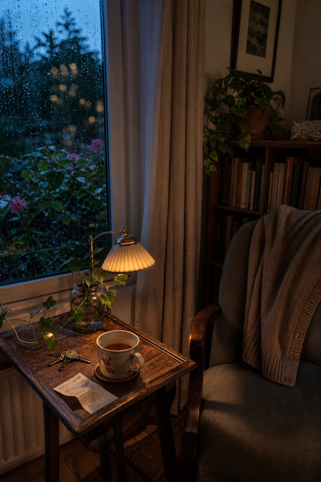 Rainy ordinary evening with a warm lamp, tea, keys, and a saved receipt