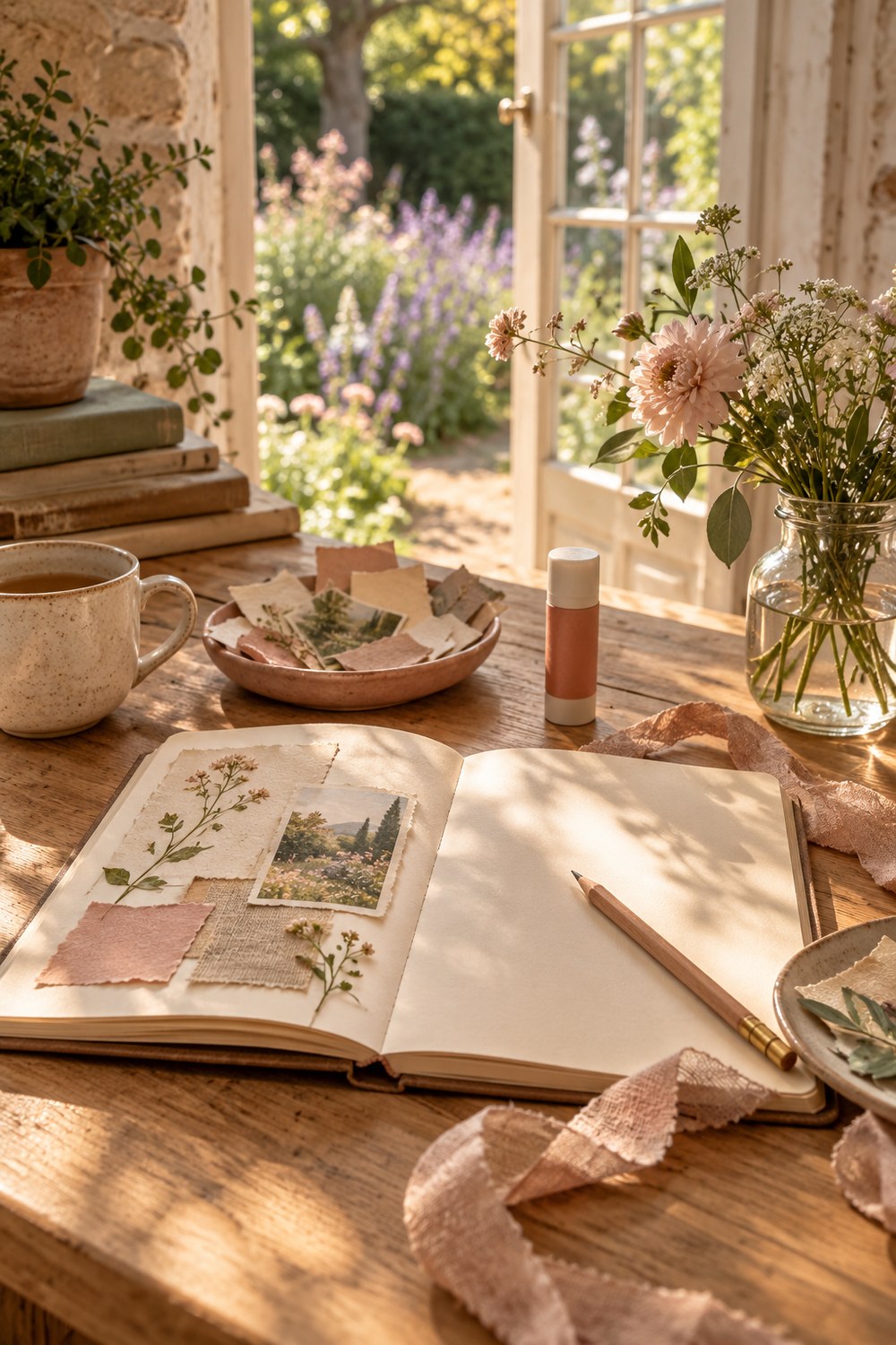 Atmospheric a forgiving afternoon worktable in blush clay, cream, faded green, and warm wood