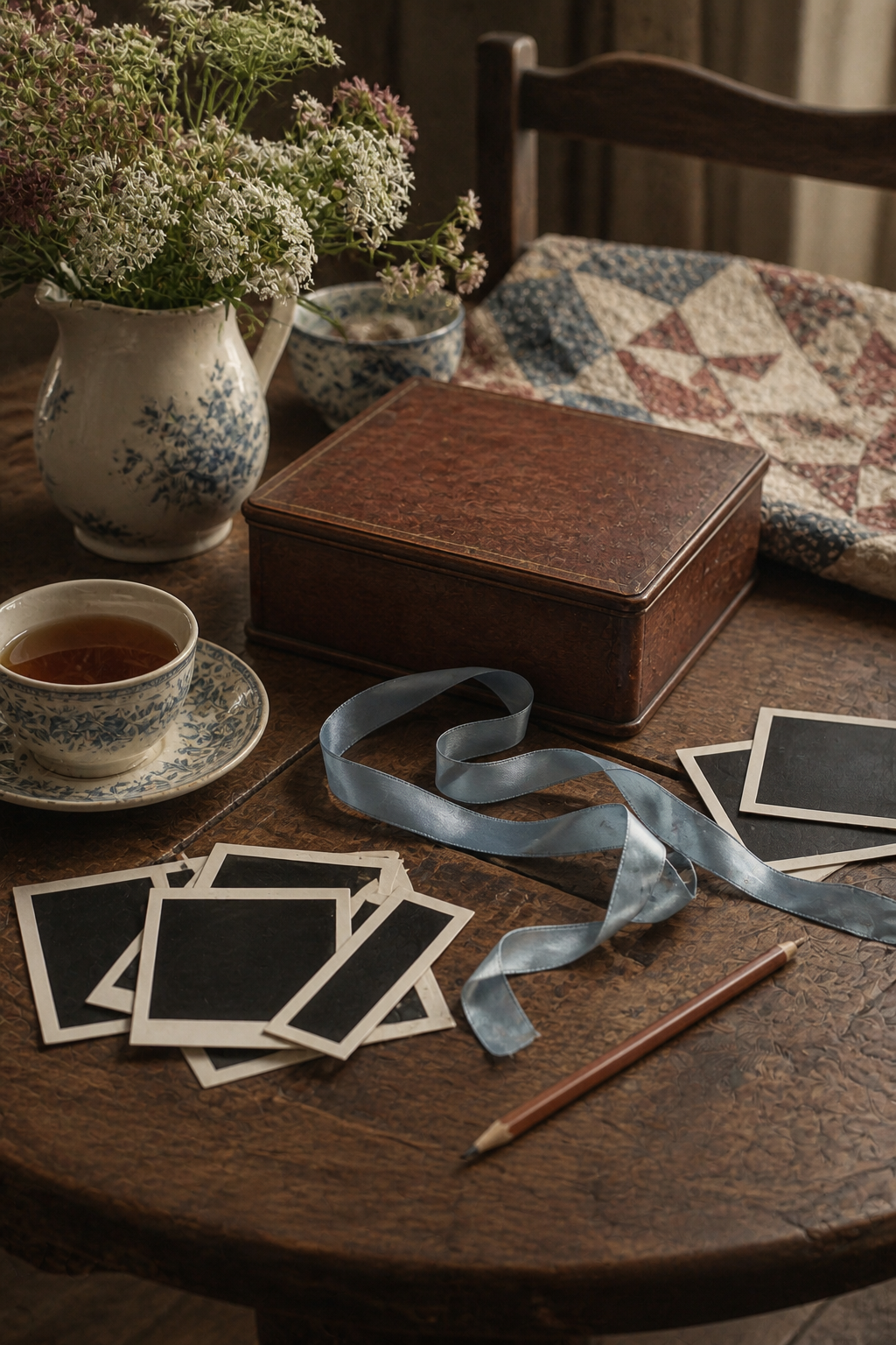 Peaceful table with a closed photo box, snapshots, blue ribbon, tea, and flowers