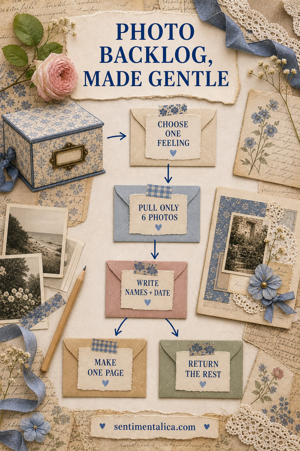 Gentle photo-backlog workflow from choosing one feeling and six photographs to making one page