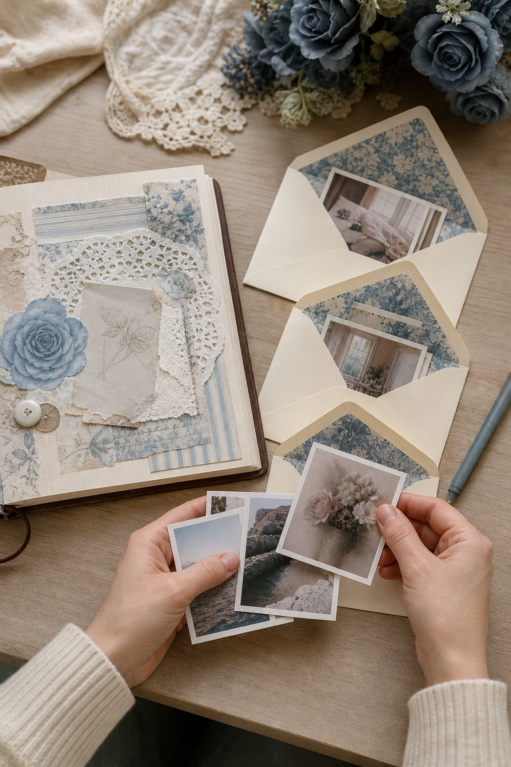 Hands sorting a small group of photographs into envelopes beside a blue and cream scrapbook page