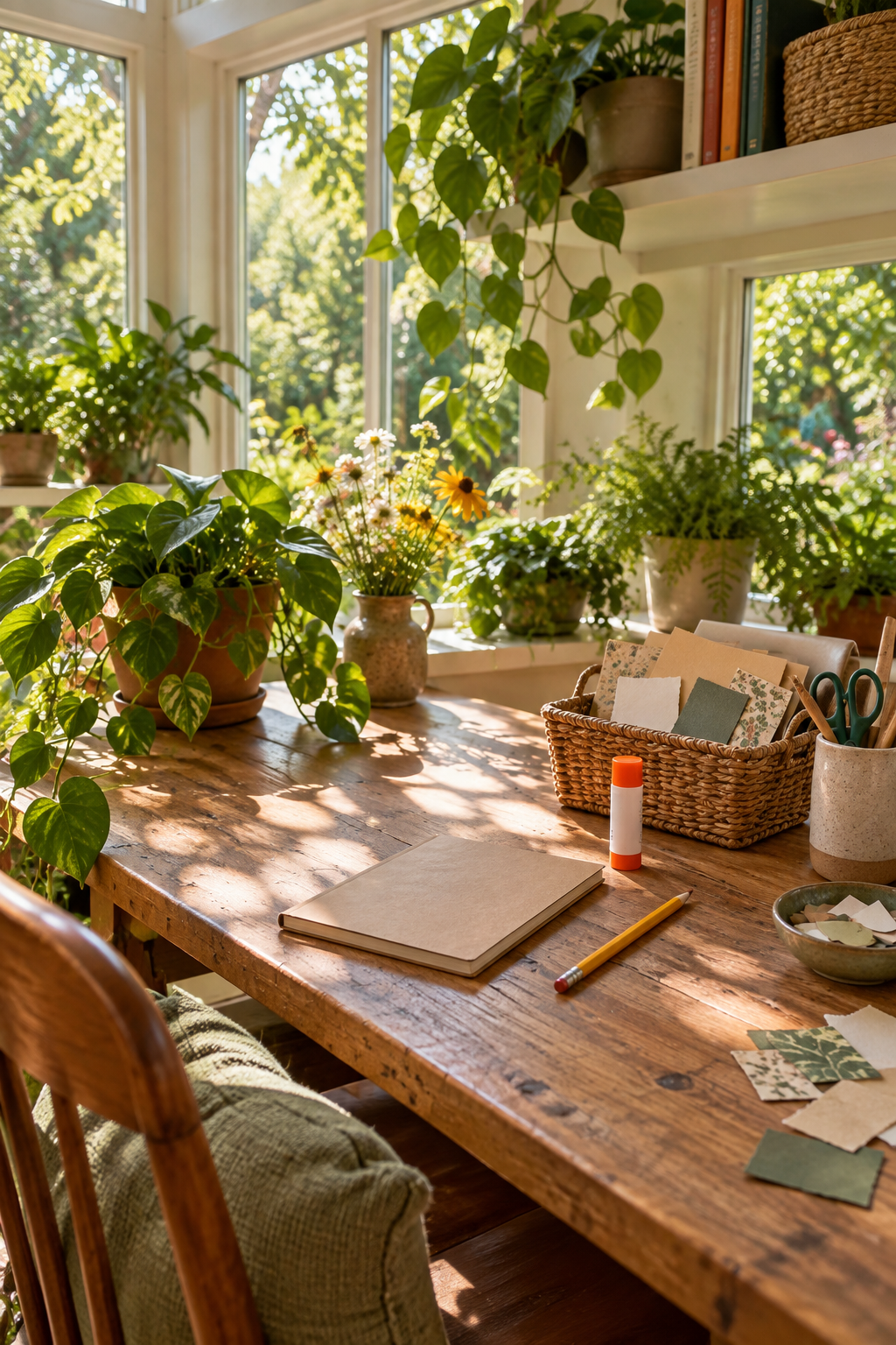 A bright welcoming beginner craft table with a plain notebook and a small basket of paper