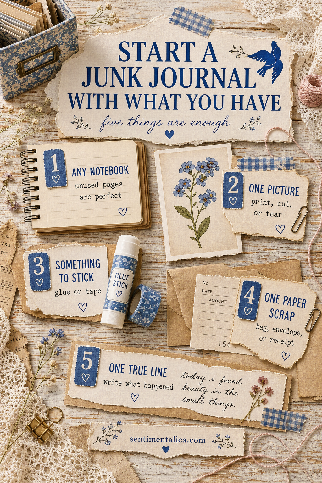 Infographic showing the five ordinary things needed to start a junk journal