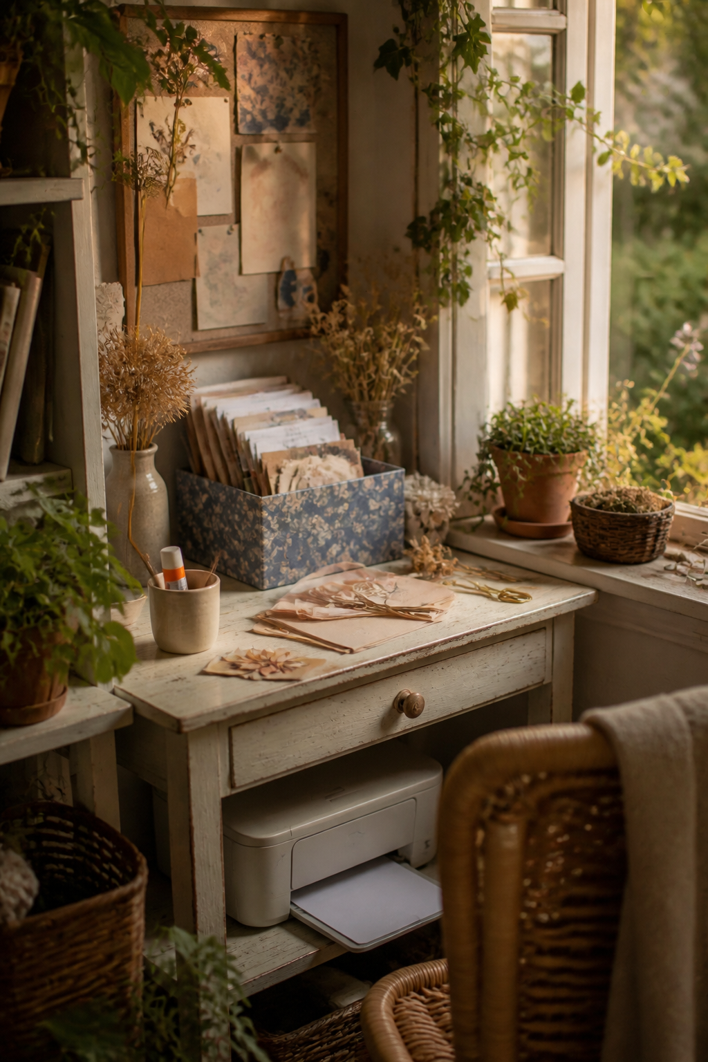 Warm beginner paper-craft nook with ordinary scraps, flowers, glue, and a small printer