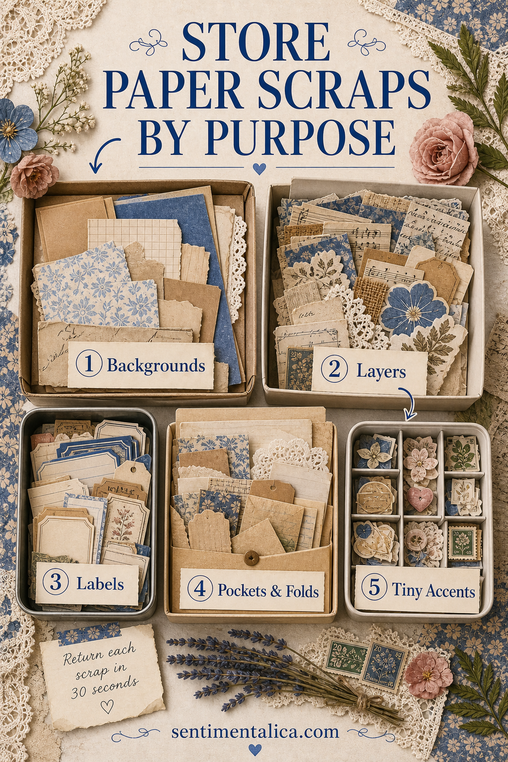 Craft paper scrap storage guide for backgrounds, layers, labels, pockets, and tiny accents