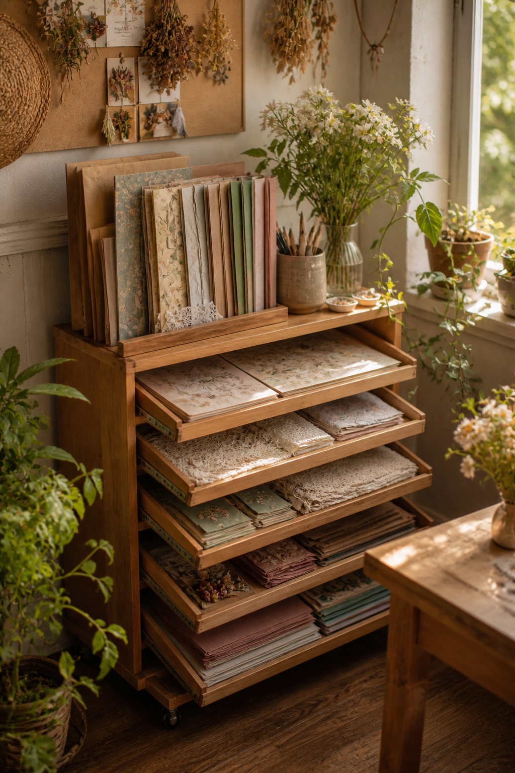 Calm craft studio with labeled paper scrap storage and visible shallow trays
