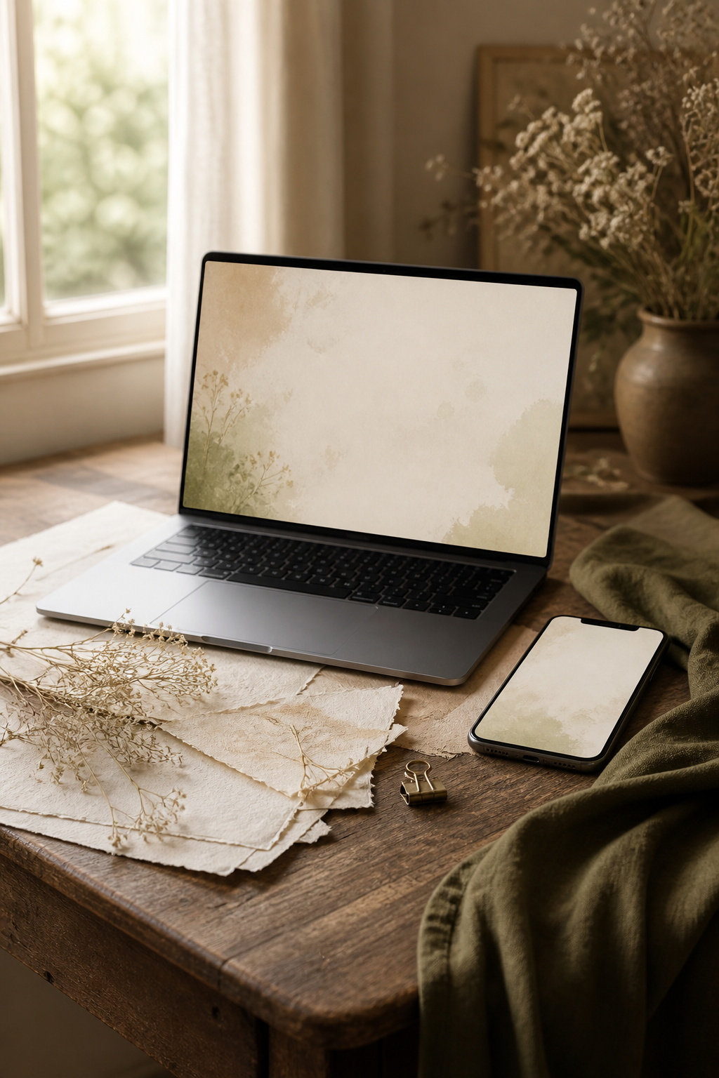 Quiet vintage workspace with a laptop and phone showing calm neutral wallpaper fields