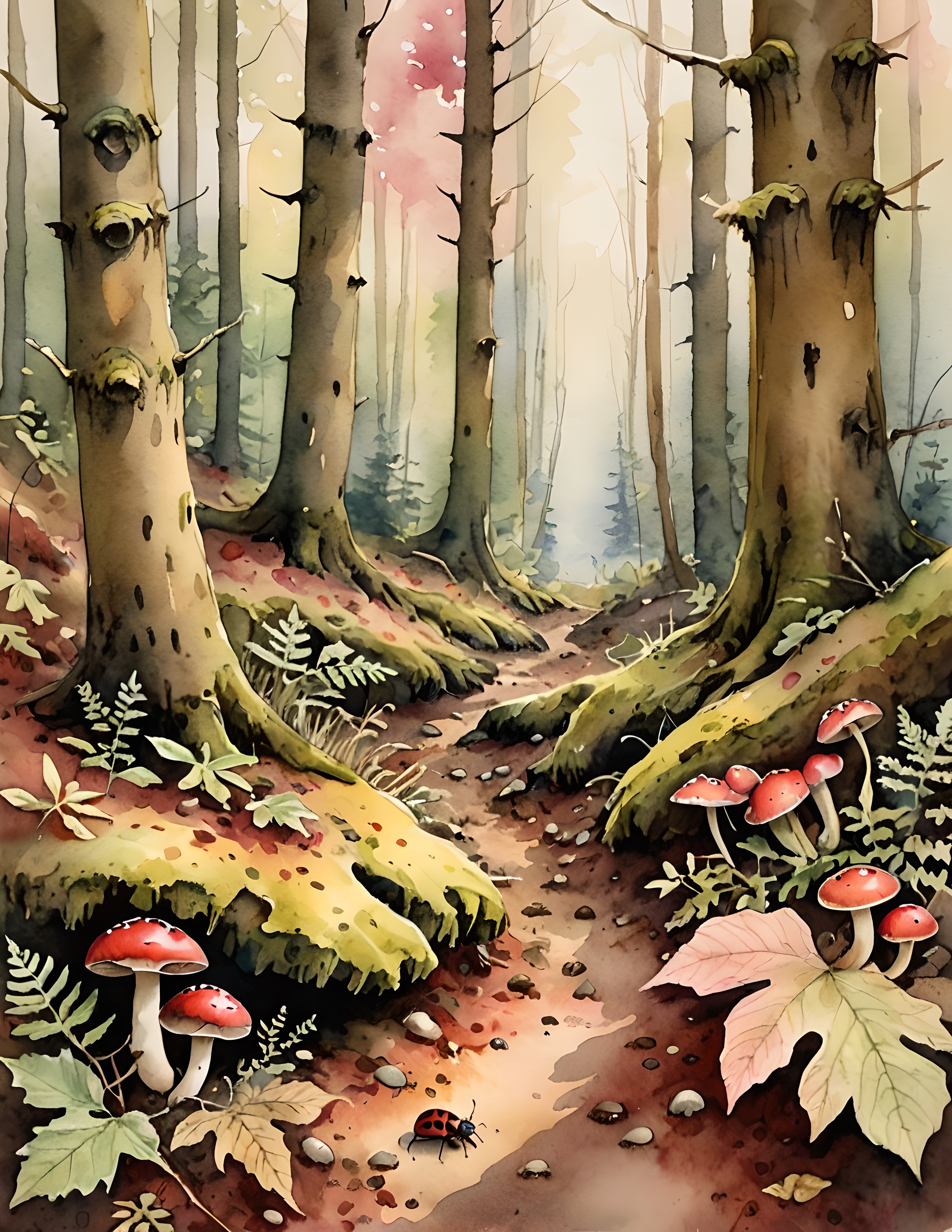 Real Moth Meadow printable page with a woodland floor and mushrooms