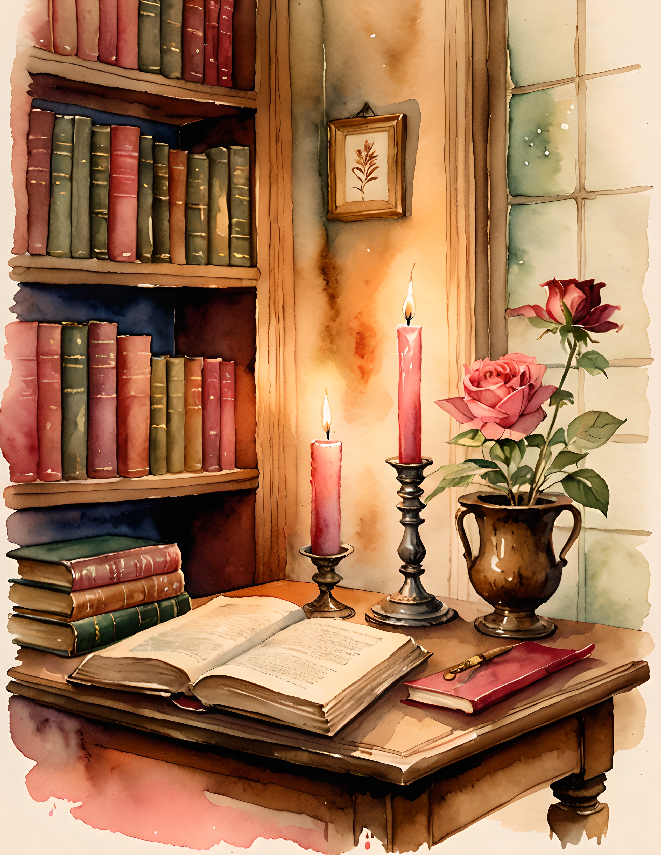 Real Moth Meadow printable page with old books, roses, and candlelight