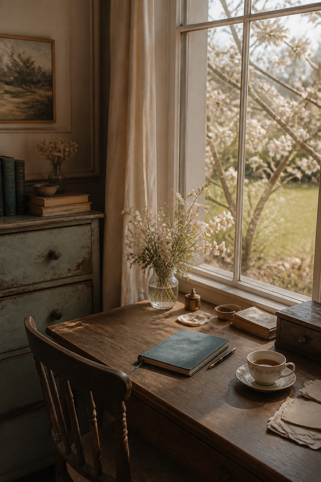 Quiet spring writing room with a blue clothbound notebook waiting on a wooden desk