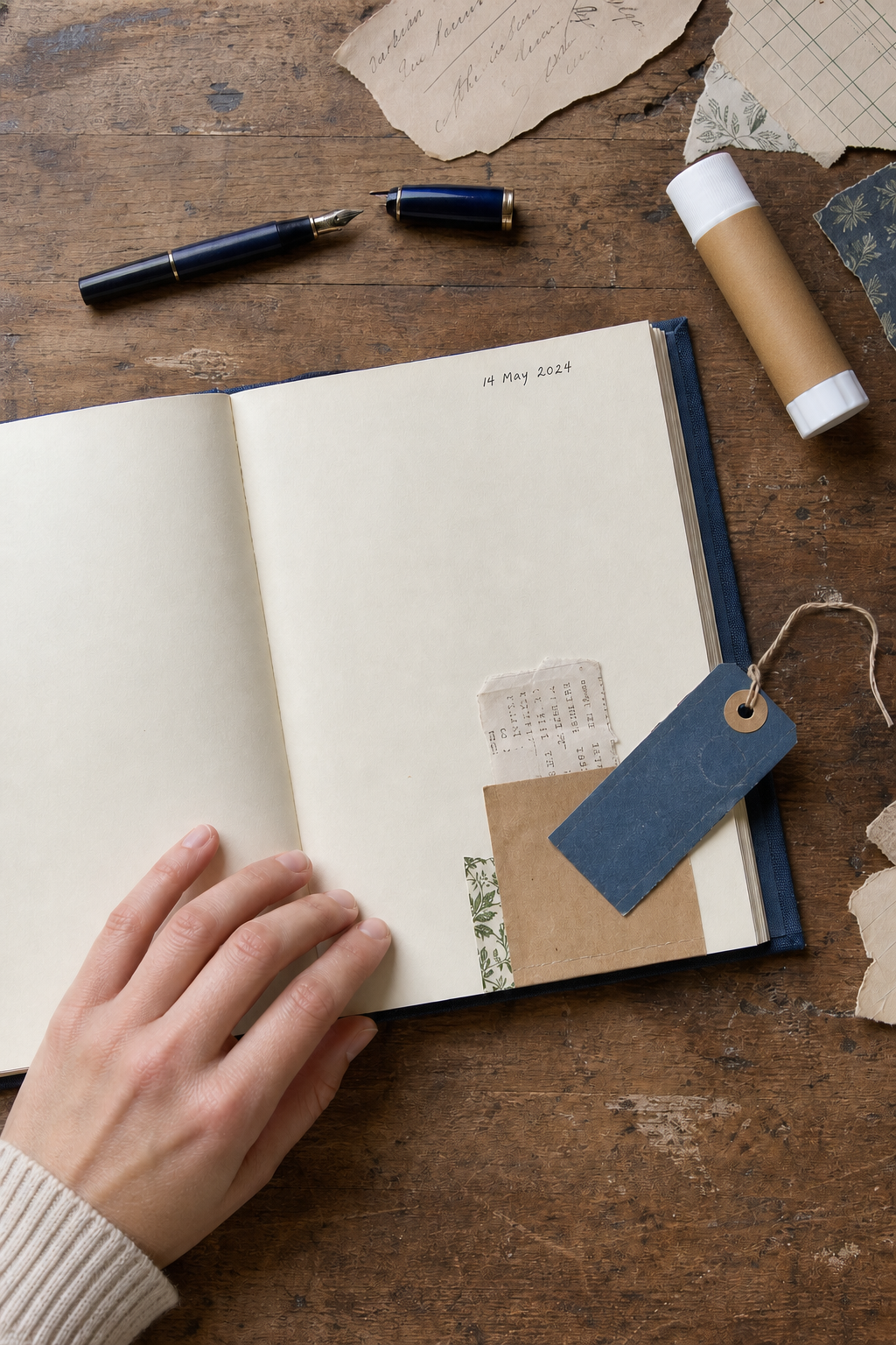 Simple first notebook page with a paper pocket, movable tag and handwritten date