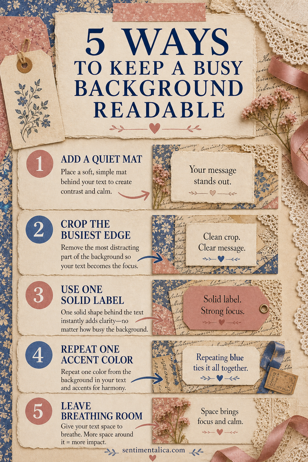 Infographic with five ways to keep a busy background readable