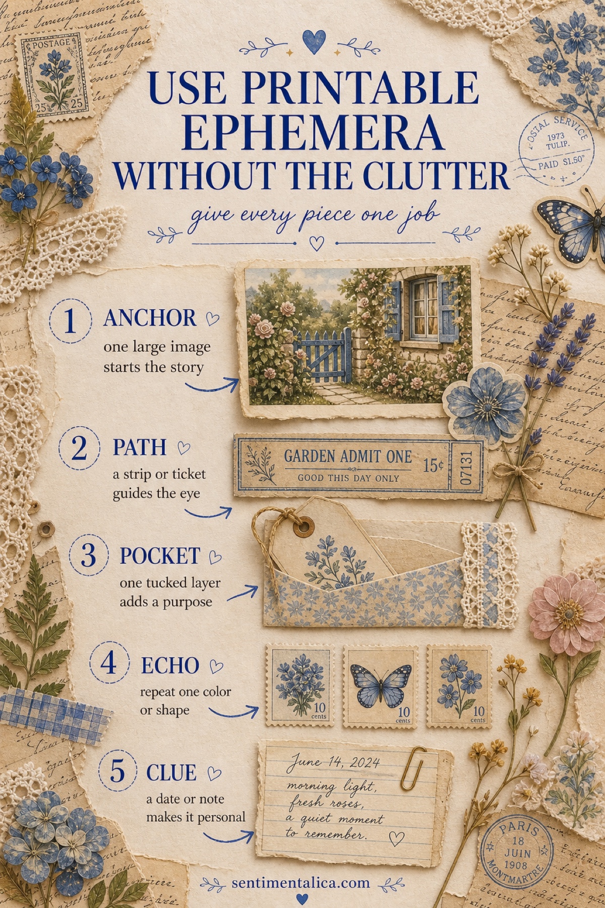 Sentimentalica infographic showing five jobs for printable ephemera: anchor, path, pocket, echo, and clue