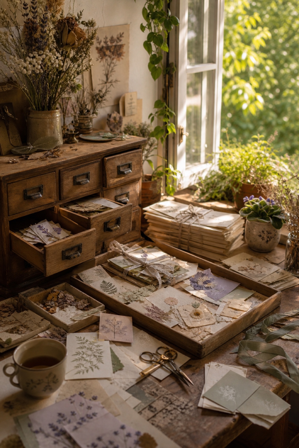 A sunlit collector's workroom with botanical paper scraps, small wooden drawers, ribbon, pressed flowers, and trays of ephemera