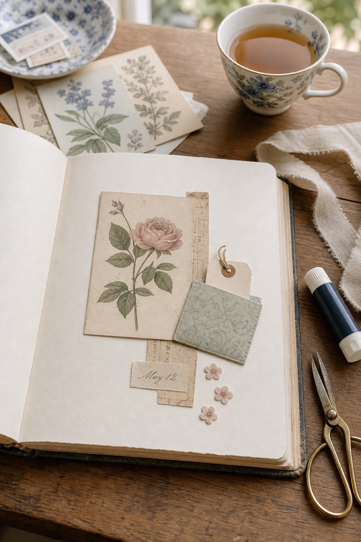 An open cream journal demonstrating a restrained ephemera composition with one botanical anchor, a guiding strip, a pocket, repeated flowers, and a date note