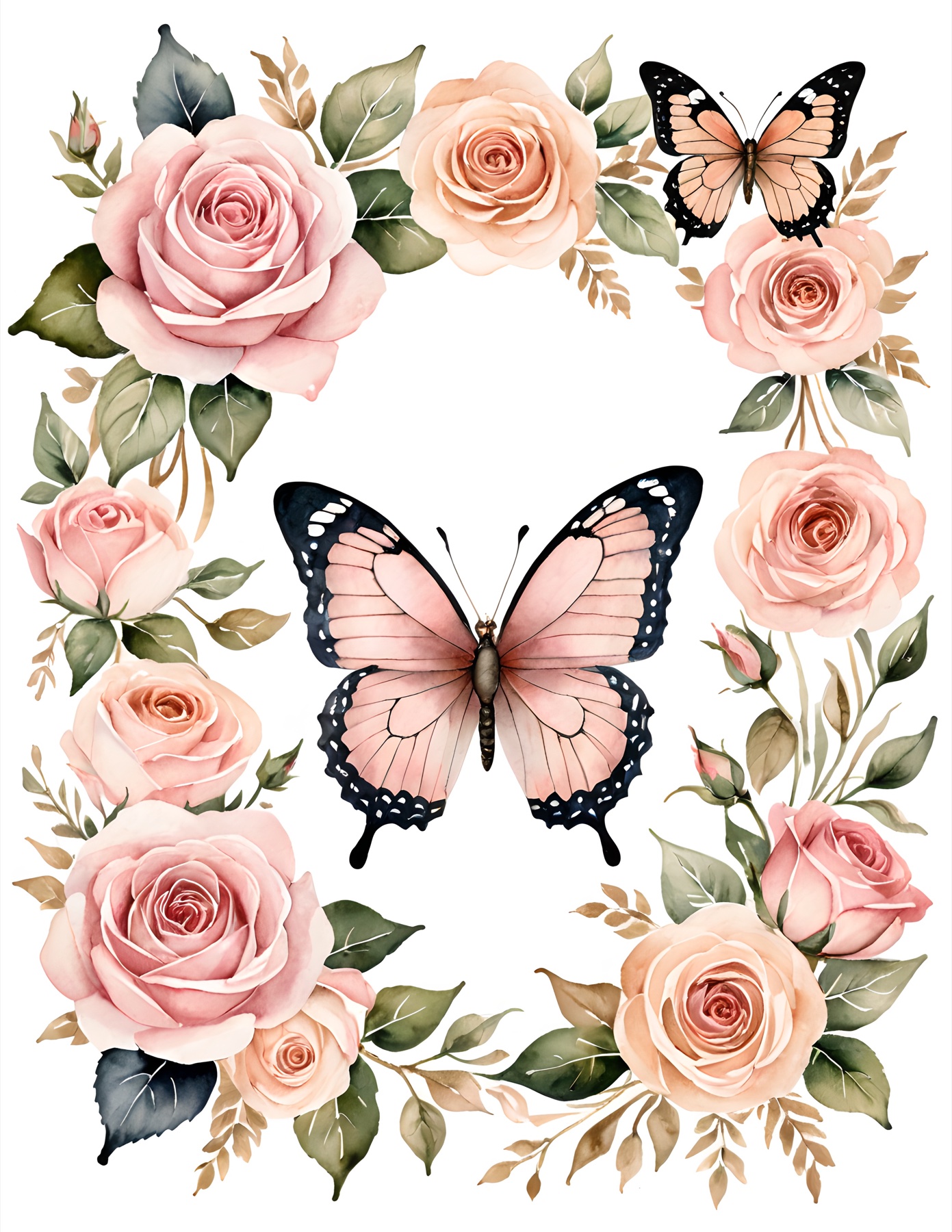 Pastel Dusk printable page with blush roses and pink butterflies