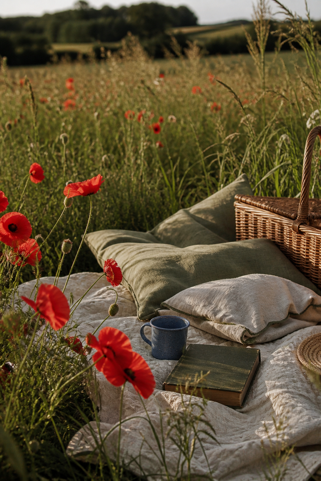 Quiet picnic beside a poppy meadow with cream quilt, sage cushions, blue cup, and a closed book