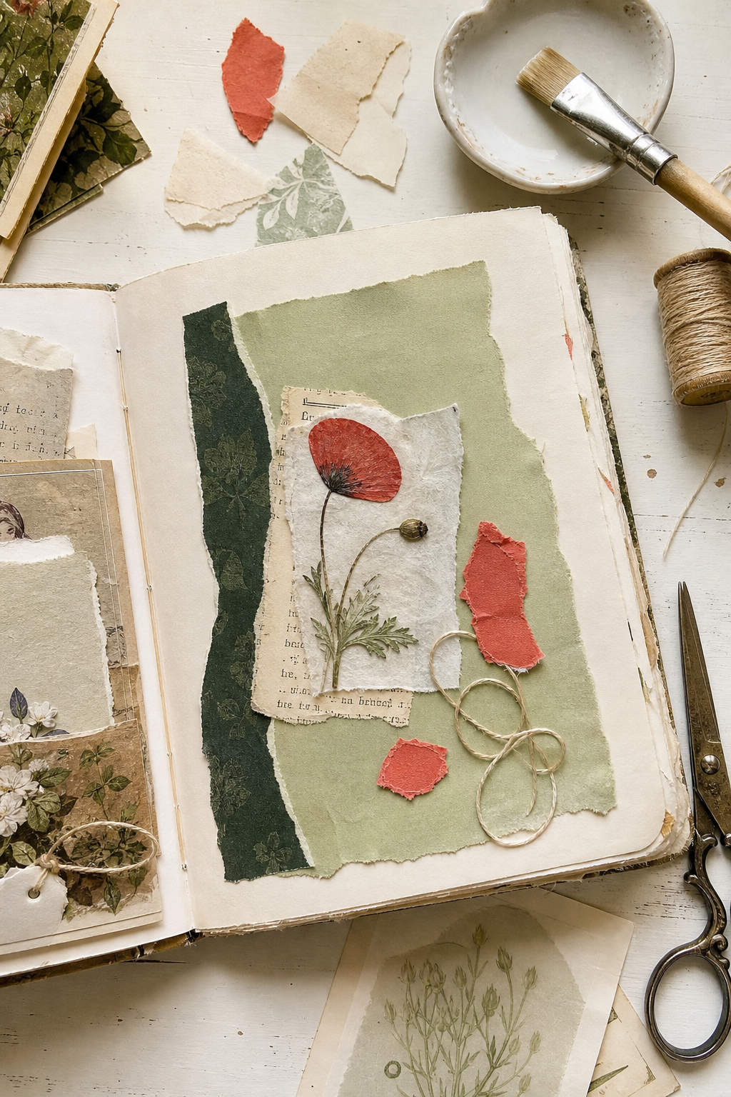 Poppy journal process with cream paper, sage layer, dark green strip, coral scraps, thread, and pressed flower detail