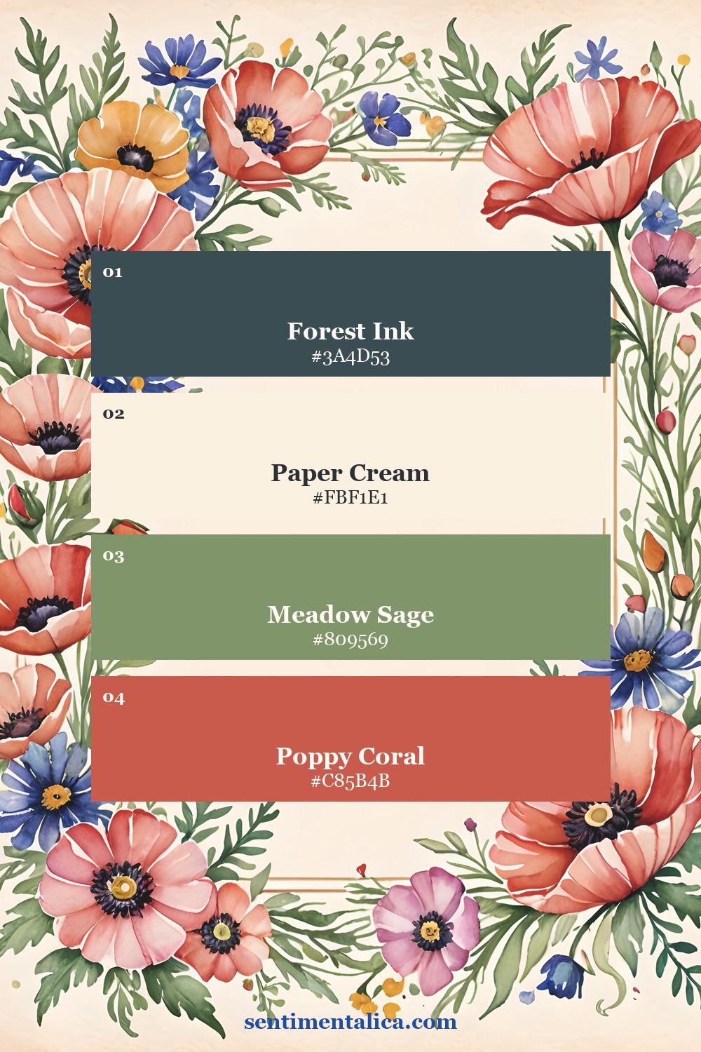 Poppy border palette with forest ink, paper cream, meadow sage, and poppy coral