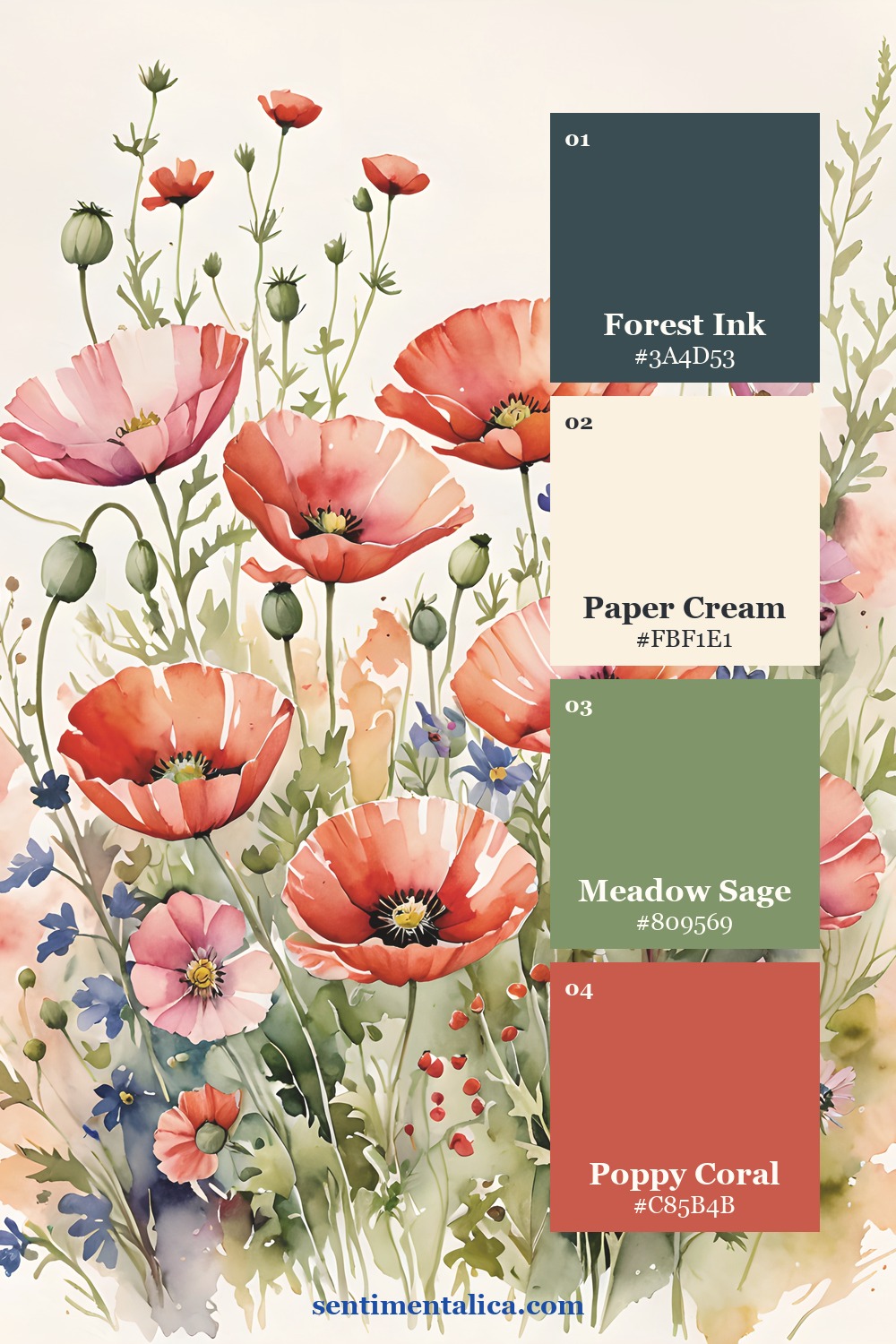 Poppy meadow palette with forest ink, paper cream, meadow sage, and poppy coral