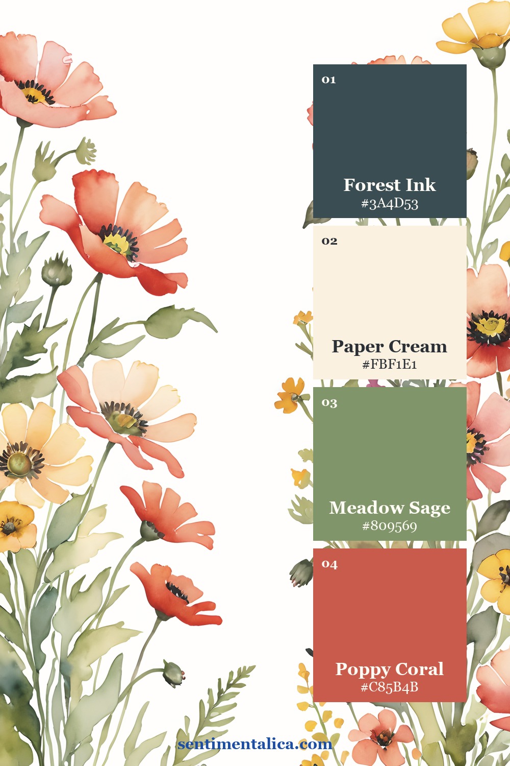 Wildflower edge palette with forest ink, paper cream, meadow sage, and poppy coral