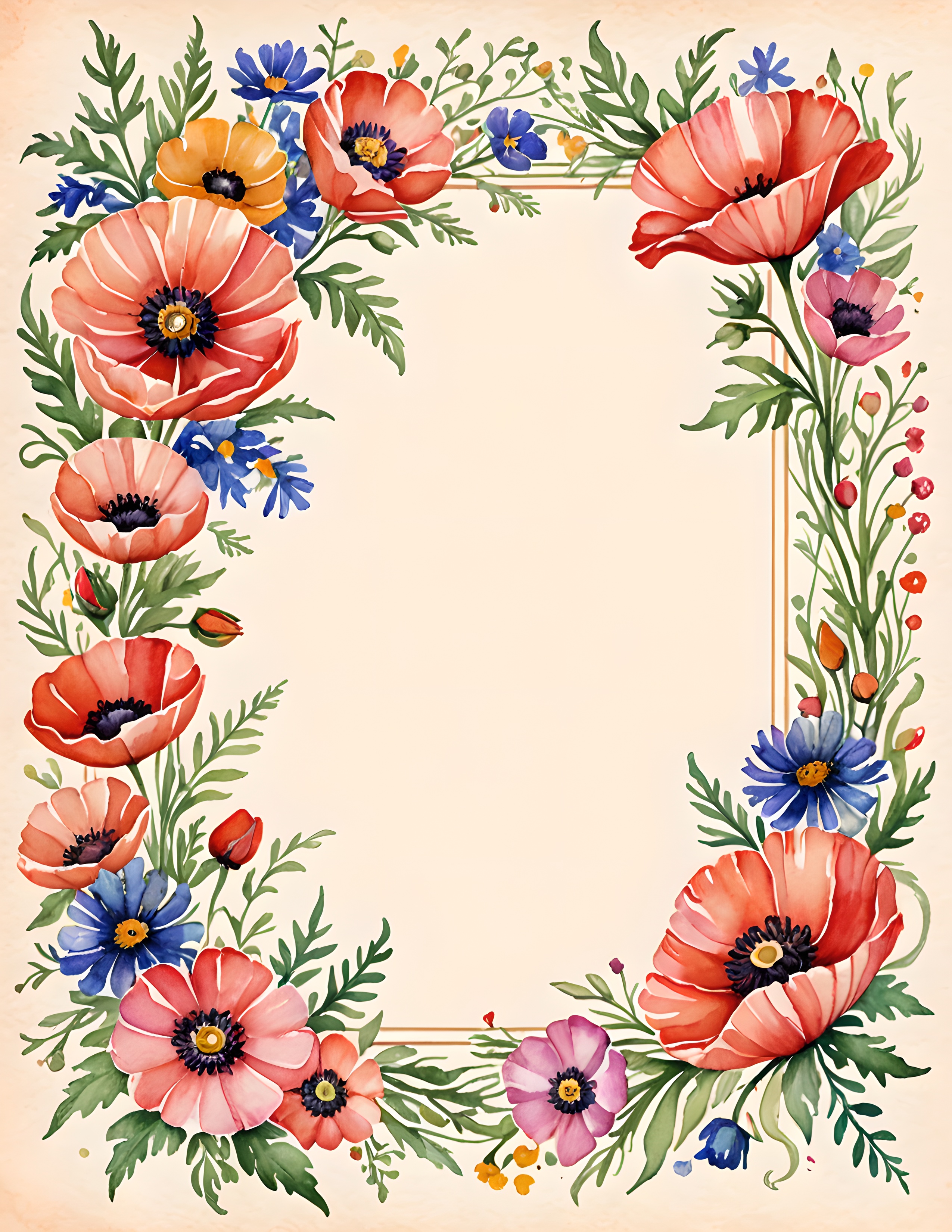 Real Wild Bloom page with poppies and blue flowers framing a cream center