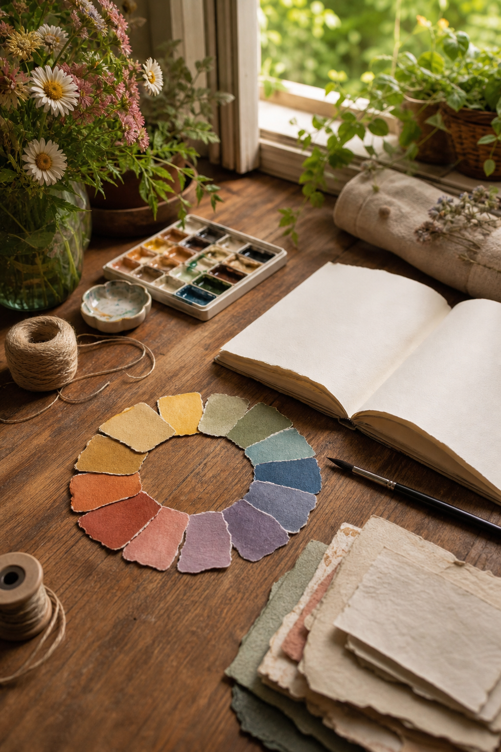 Torn paper color wheel beside a blank handmade journal