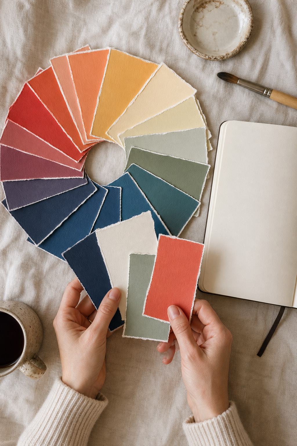 Hands selecting four paper colors from a handmade spectrum wheel