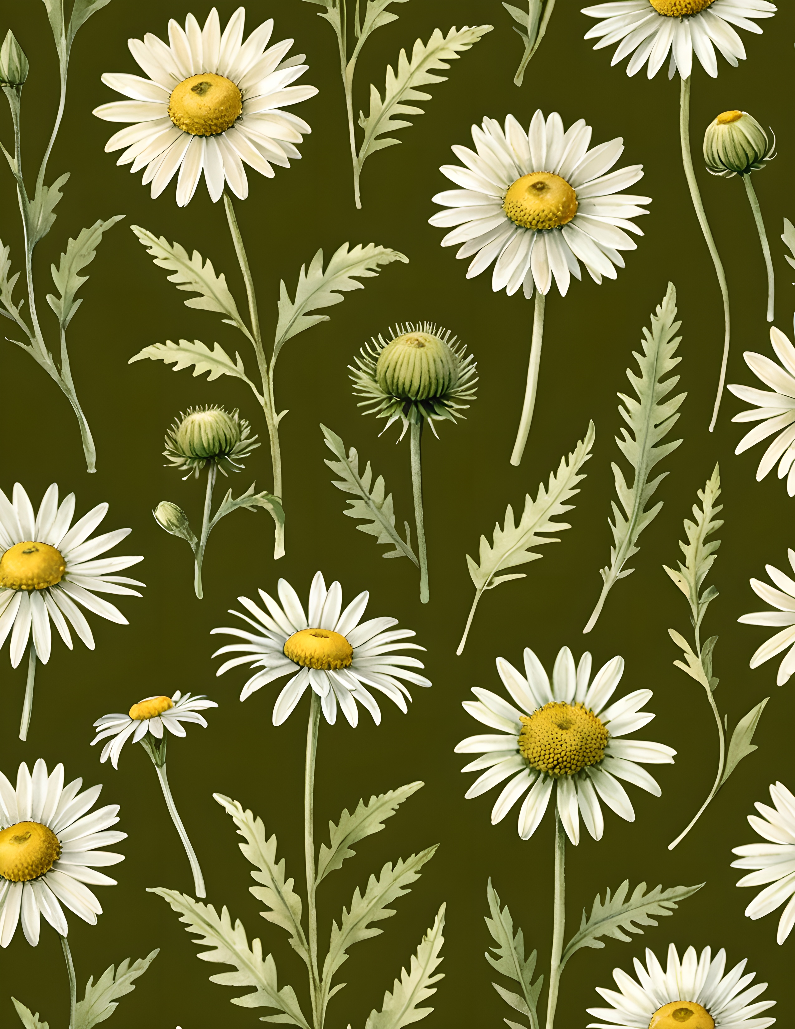Real Daisy Field botanical page with white daisies, pale fern leaves, buds, and a deep olive background