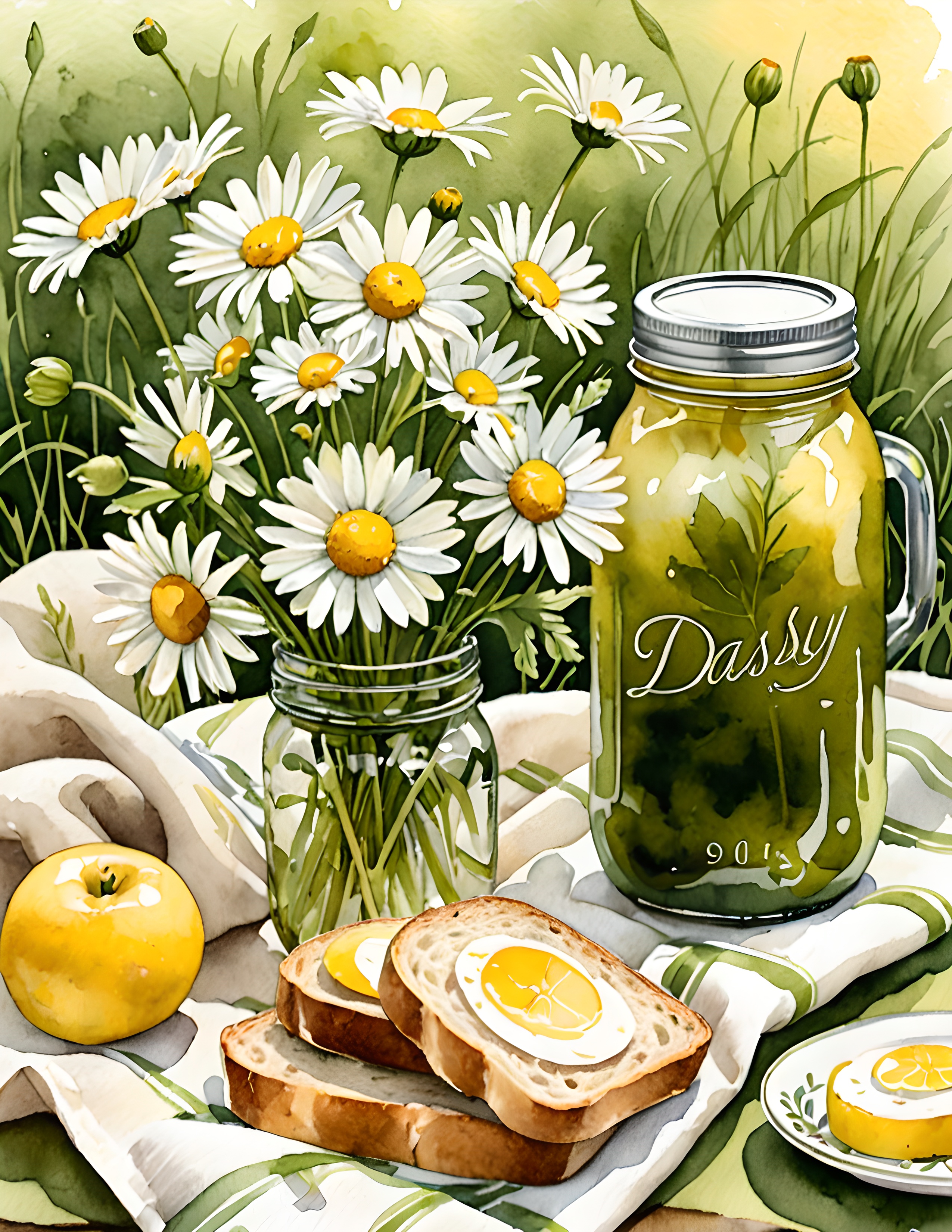 Real Daisy Field country picnic page with daisies, olive jars, cream linen, and restrained yellow details