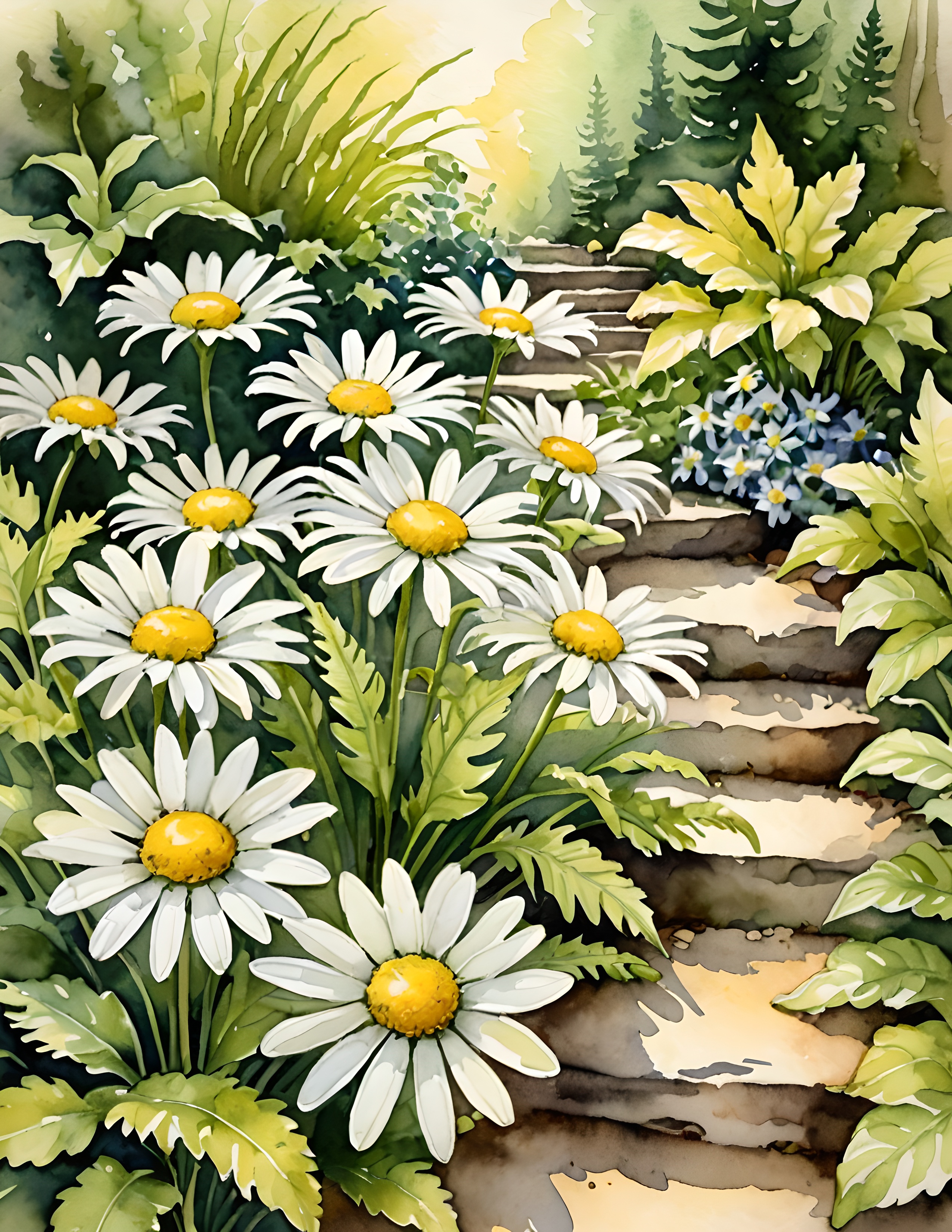 Real Daisy Field garden page with a winding path among white daisies and layered greens