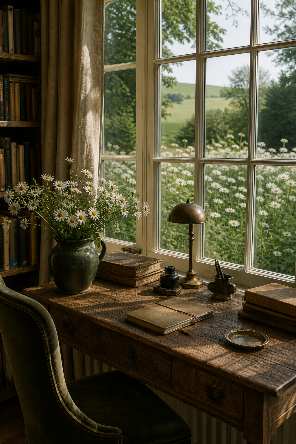 Mature country writing room overlooking a meadow of white daisies with dark green vase, old books, parchment notebook, and brass lamp