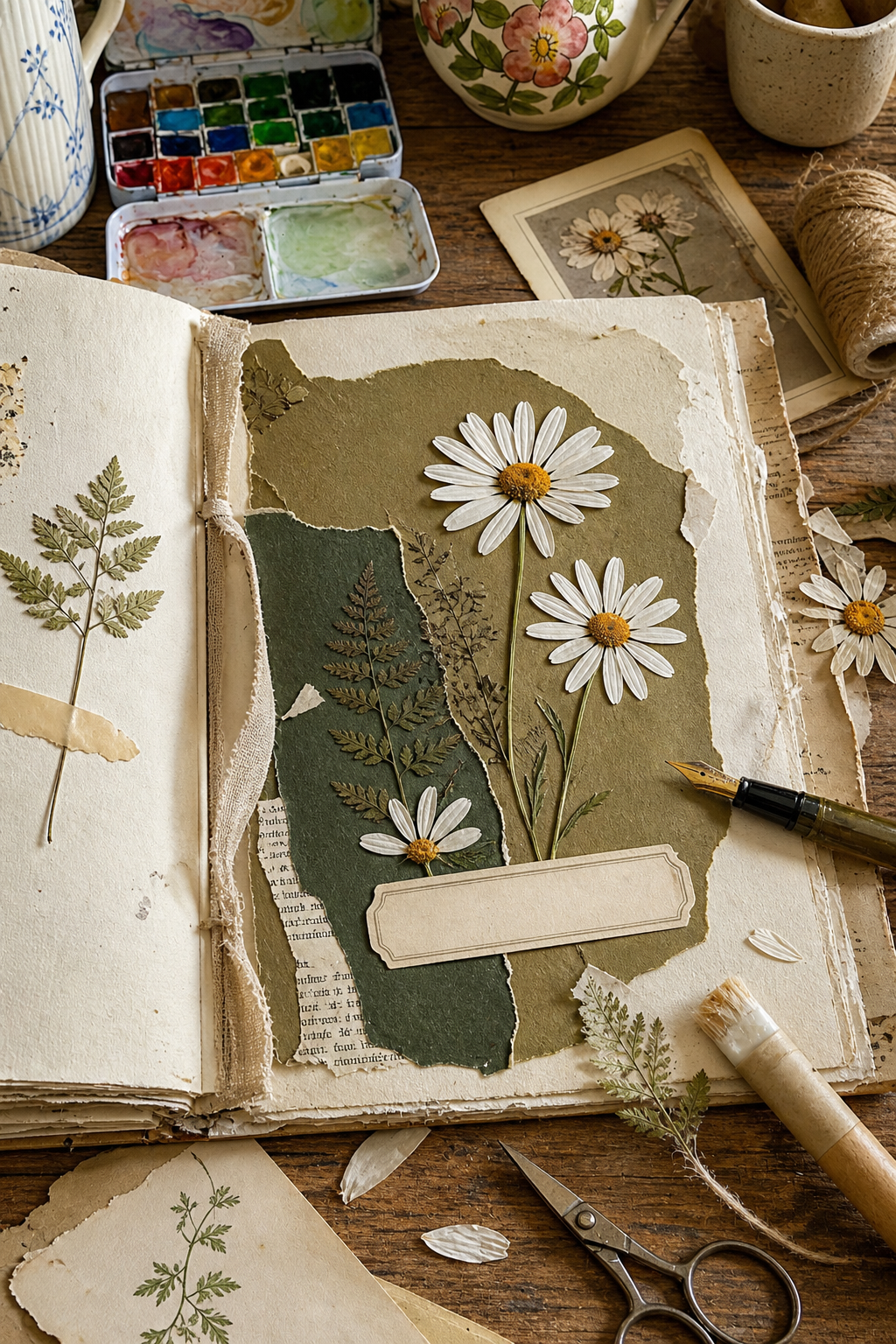 Daisy junk journal process with irregular olive and ink-green paper, white flowers, ferns, cream label, fountain pen, glue brush, and scissors