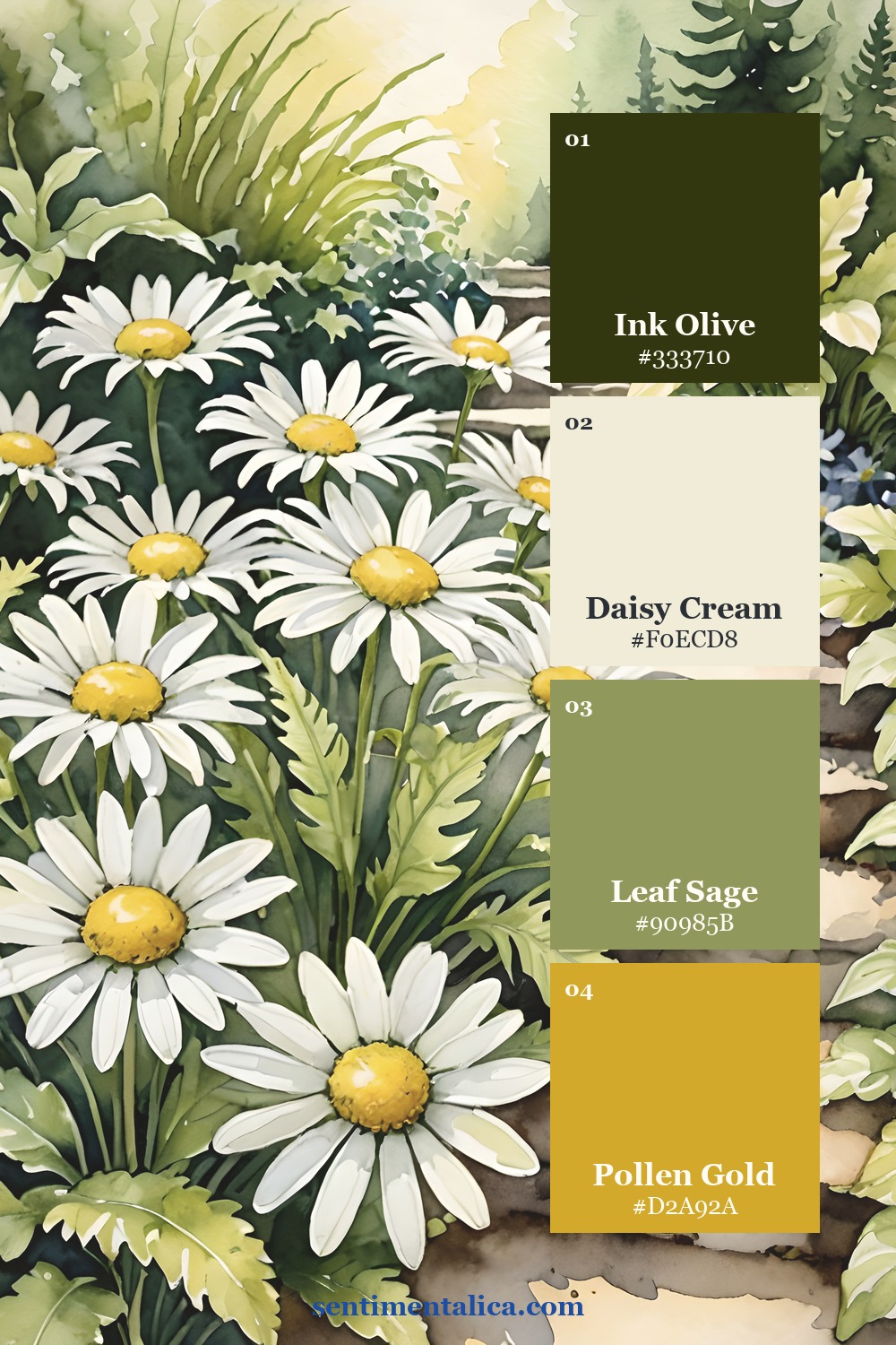 Daisy garden path palette with ink olive, daisy cream, leaf sage, and pollen gold