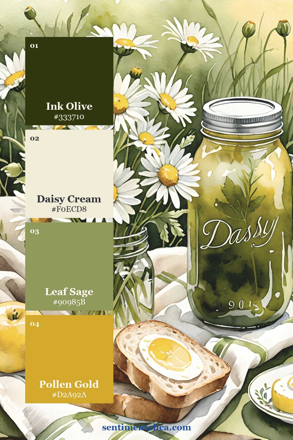 Daisy picnic palette with ink olive, daisy cream, leaf sage, and pollen gold