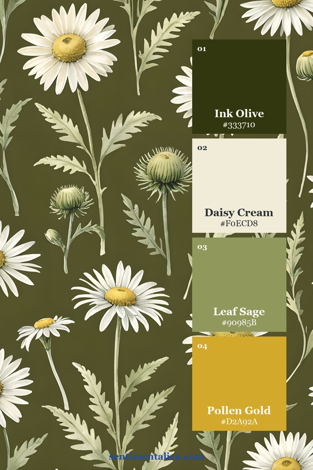 Daisy stem palette with ink olive, daisy cream, leaf sage, and pollen gold