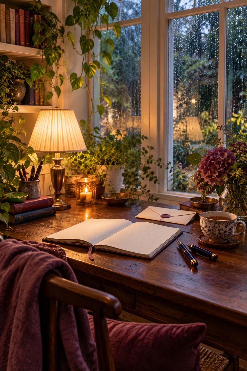 Atmospheric a quiet evening desk in ink blue, parchment, and muted plum